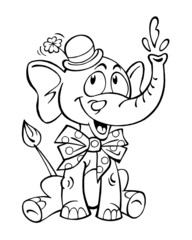 Elephant with hat and polka-dot bow on neck sitting and squirting water from trunk, black and white cartoon