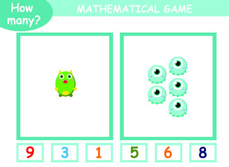 educational page with mathematical games for children. how many cute monsters on a page, circle the correct number