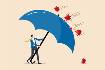 COVID-19 Coronavirus outbreak financial crisis help policy, company and business to survive concept, businessman leader stand safe by cover himself with big umbrella from COVID-19 Coronavirus pathogen © Nuthawut