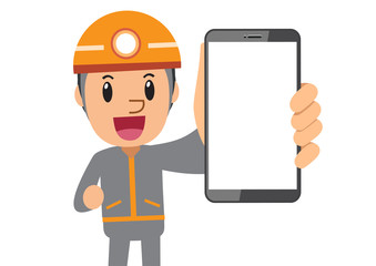 Cartoon character technician with blank screen smartphone for design.