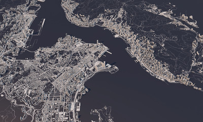 Hong Kong city map 3D Rendering. Aerial satellite view.