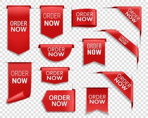 Order now red ribbons, online shopping web banners. Order now icons of corner bookmarks, tags, flags and curved ribbons of red silk