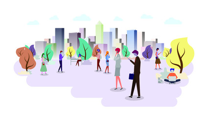 Obraz premium Group of people in the park. Color cityscape ecology. People using mobile internet technology. Building panorama background. vector illustration. 