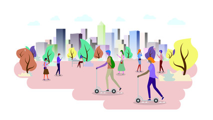 Group of people in the park. Color cityscape ecology.  People using mobile internet technology. Building panorama background. vector illustration. 