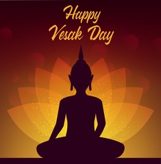 Fototapeta na wymiar Vesak Day Buddha with lotus vector design of Buddhism religion holiday. Buddhist monk statue of Buddha with lotus flower glowing petals and sparkles, religious greeting card or poster