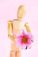 wooden yellow mannequin holds pink chrysanthemum flower