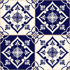 Vecteur de motif de tuile mexicaine transparente avec ornement bleu et blanc. Azulejos portugais, talavera, majolique espagnole, sicilienne ou céramique hollandaise de Delft. Texture vintage pour mur de cuisine ou sol de salle de bain.
