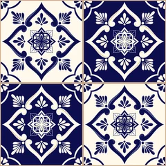 Papier peint Portugal carreaux de céramique Vecteur de motif de tuile mexicaine transparente avec ornement bleu et blanc. Azulejos portugais, talavera, majolique espagnole, sicilienne ou céramique hollandaise de Delft. Texture vintage pour mur de cuisine ou sol de salle de bain.