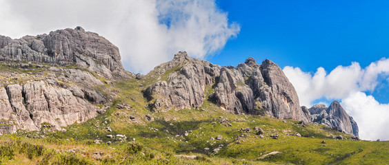 Andingitra massif, high rocky mountains, as seen from the valley during trek to Pic Boby
