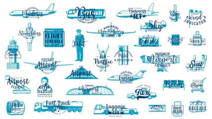 Airport vector icons of air transportation and travel sketches with letterings. Airplanes, passport control, luggage suitcase and plane ticket, airport service transport, traffic tower, pilot, runway