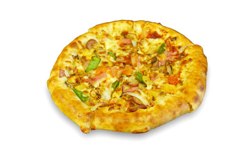Selective focus of pizza isolated on a white background.