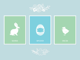 Set of spring cards. Happy Easter Quarantine. Stay home. Bunny, bird and egg wearing medical masks to prevent disease, flu, air pollution, contaminated air, world pollution. Novel coronavirus - 336342258