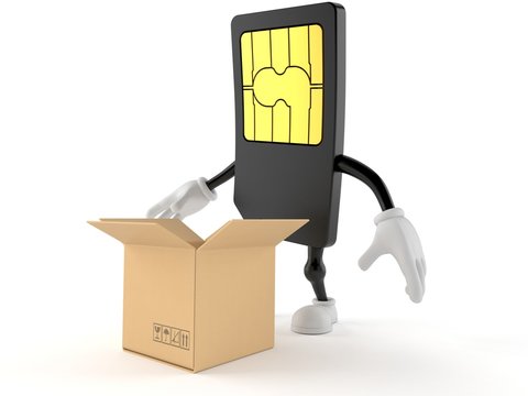 SIM Card Character With Open Cardboard Box