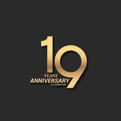 19 years anniversary celebration logotype with elegant modern number gold color for celebration - obrazy, fototapety, plakaty