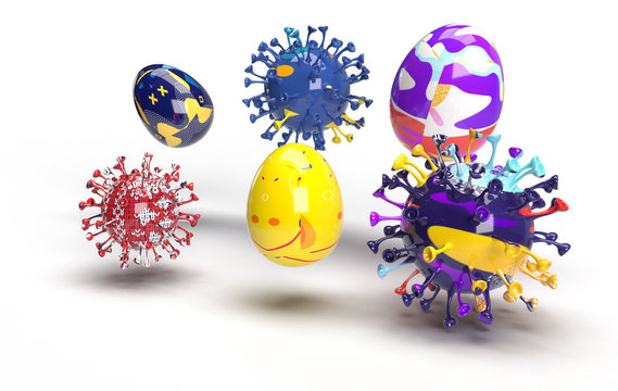 abstract 3d render of colorful easter eggs and coronavirus covid19 creative background design