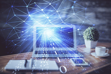 Technology theme drawing and work space with computer. Double exposure. Concept of innovation.