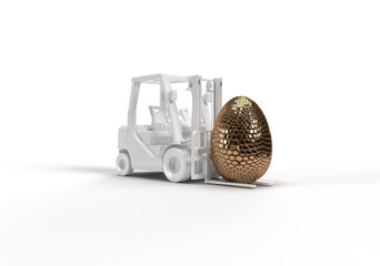 3d render of forklift carrying gaster egg with gold texture creative graphic background