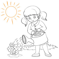 summer girl in the street watering a flowerbed from a watering can from a watering can, outline drawing, coloring, isolated object on a white background, vector illustration,