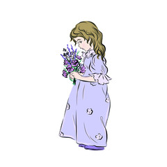 Girl dressed in lilac long dress holds bouquet of wildflowers. Design for greeting postcard with Happy Birthday, Women's day or Mother's day. 