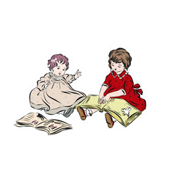 Girl reading book to her little sister. Little children in retro style dressed in pink and red dresses. Newborn. 
