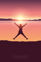 Fototapeta premium happy jumping girl at sunrise by lake with mountain view vector illustration EPS10