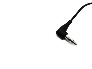 3.5mm black audio jack isolated on white background.