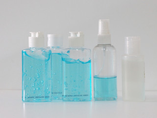 Hand Sanitizer, gel alcoholic mixture with gelatin in clear Plastic bottle with pump pushing, washing clean dirty to prevent germs protect corona virus, covid 19