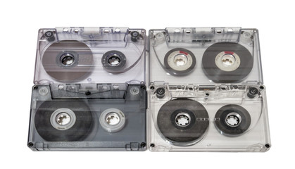 4 vintage cassettes tape isolated on white background. Music concept.