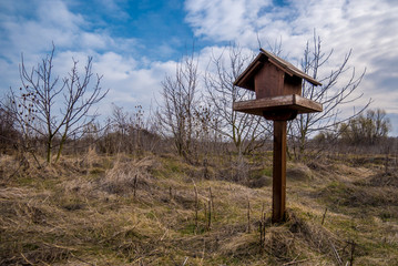 Wooden bird feeder with blue sky in the background. a bird feeder in the shape of a house in a park in Bucharest.