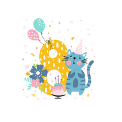 Birthday anniversary number with cute cat