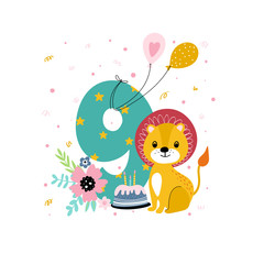 Birthday anniversary number with cute lion