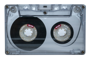Old vintage cassette tapes on white background. Single classic audio cassette tape.
