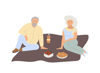 Happy cute aged couple spending time at picnic outdoor. Old man and woman, grandparent, family, lovers, friends, pensioners sitting on blanket, eating food. Vector cartoon isolated on white.