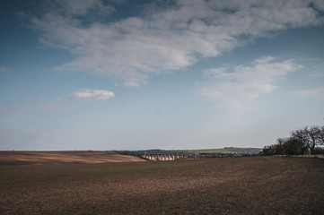 Spring field with road bridge landscape. Blue sky with white clouds in background.