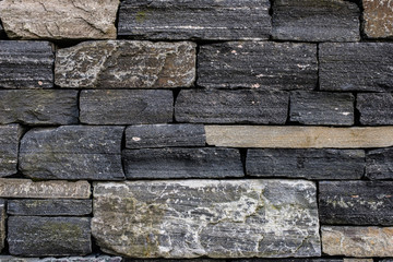 Texture of grey and beige stone wall. Rectangular shape of stones layed out as a wall