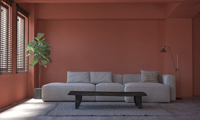 Modern tropica interior design of living room and orange wall texture background