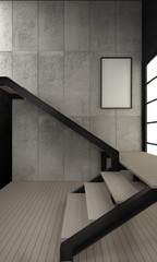 Industrial Stairs with Blank Photo Frame on Concrete Wall, 3D Render.