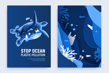 Ocean plastic pollution banner set with turtle silhouette. Paper cut tortoise with plastic rubbish, fish, bubbles and coral reefs on blue background. Paper art vector illustration