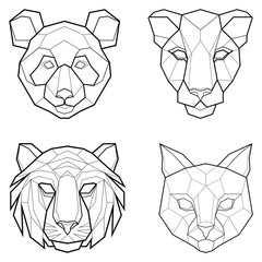Set of four polygonal abstract animal, panda, tiger, cat and panther. Vector illustration © lenok5
