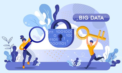 Big Data Protection and Cyber Security Technology. Huge Lock with Keyhole and Binary Code Design. Woman Holding Magnifying Glass, Man Carrying Key Run. Secure Service for Information Storage