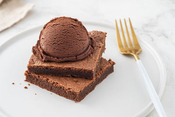 Chocolate Brownie with Ice Cream. Copy space.