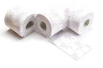 Paper toilet public background. Soft tissue paper roll isolated on white. Storing tissue toilet paper during Coronavirus outbreak or Covid-19.