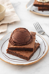 Chocolate Brownie with Ice Cream. Copy space.