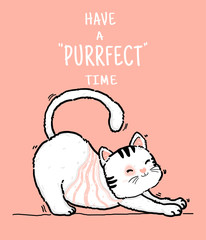 cute doodle happy playfull lazy fluffy kiitty white and pink cat have purrfect time, outline hand draw flat vector illustration
