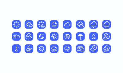 Collection of square  flat style icons or symbols for weather forecast - sun, clouds, wind, rain, snow, air temperature, moon.