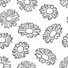 Daisy flowers seamless pattern. Black-white outline illustration. Vector monochrome silhouettes of chamomile flowers heads. Floral  simple background.