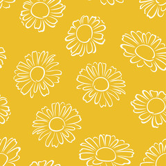 Daisy flower outline seamless pattern. Simple vector monochrome illustration of beautiful chamomile. Floral yellow background.