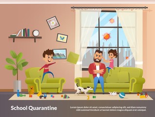 Father Sits with Children Home School Quarantine. Annoyed and Angry Father with Clenched Teeth Sitting at Sofa while Naughty Children Playing and Making Mess in Home, Little Daughter Pulling Dads Ear