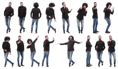 collage of photos of a cheerful young man in jeans.