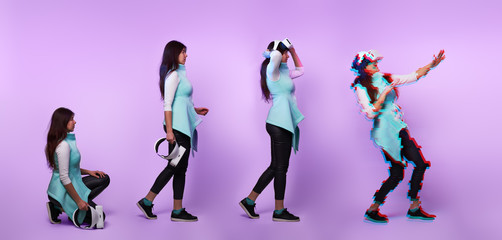 Fototapeta na wymiar Woman wearing virtual reality headset. Image with glitch effect